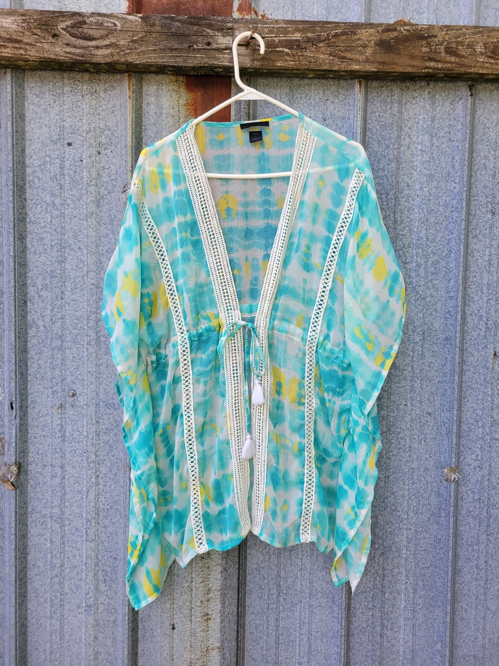 Steve Madden Aqua and Yellow Tie-Dye Crochet-Trim Kimono